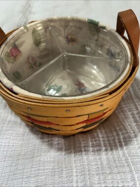 Longaberger Basket w/ Brown Handles, Floral Liner, 3 compartment liner